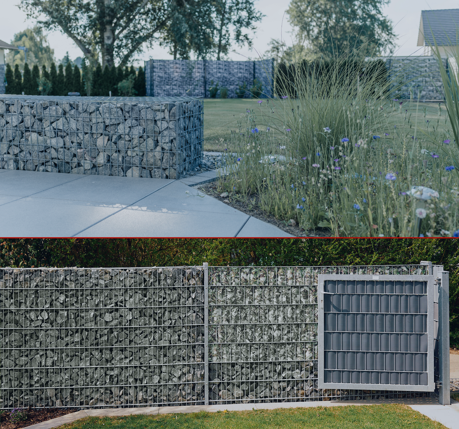 Kaufmann Drahtwaren Gabionen und Steinwände Steinkörbe und Steinwände in Gartenbereich mit Pflanzen und Wiese