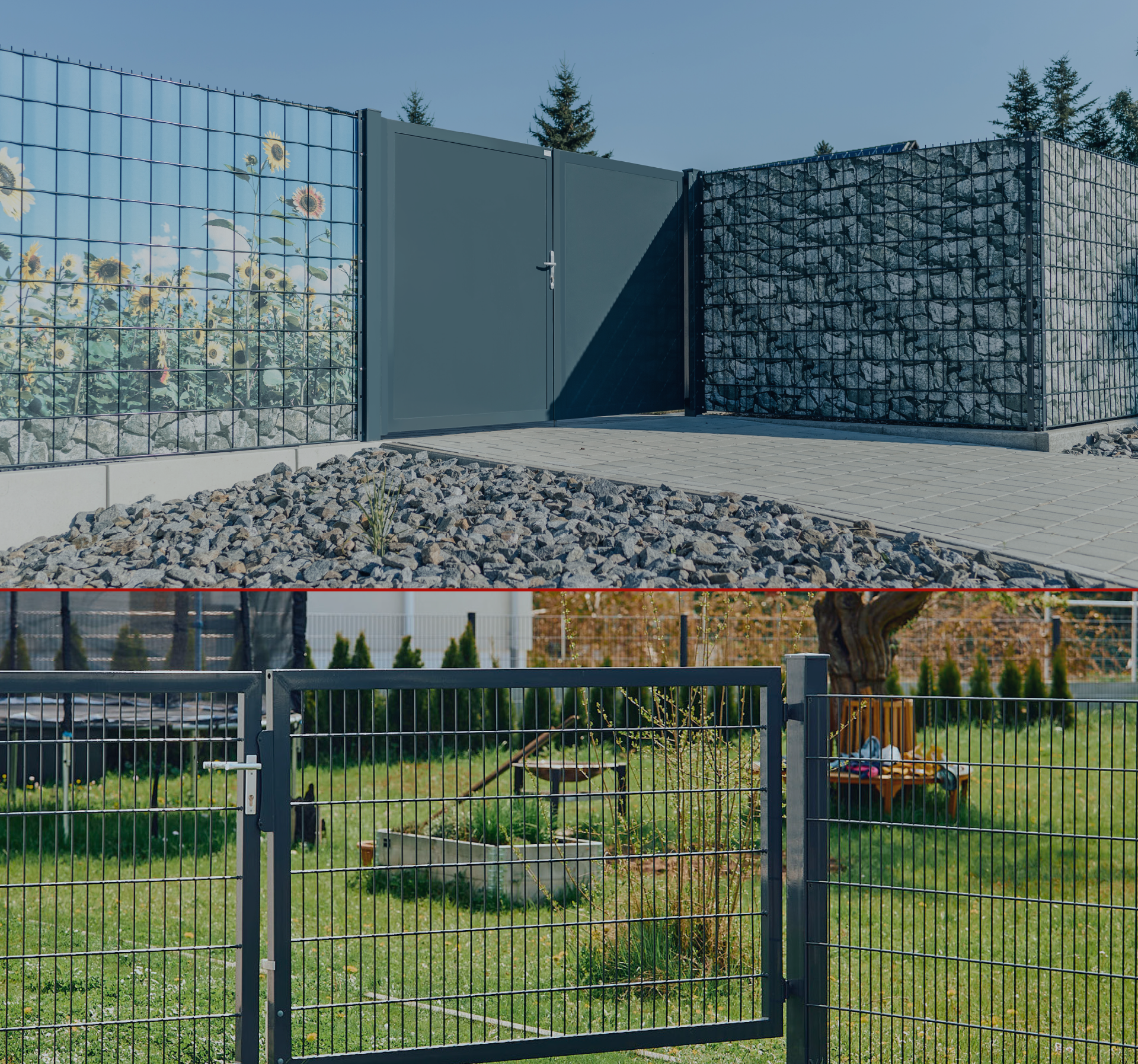 Kaufmann Drahtwaren Türen und Tore Ein anthrazites Tor mit Steinwand aus Gabionen im Gartenbereich